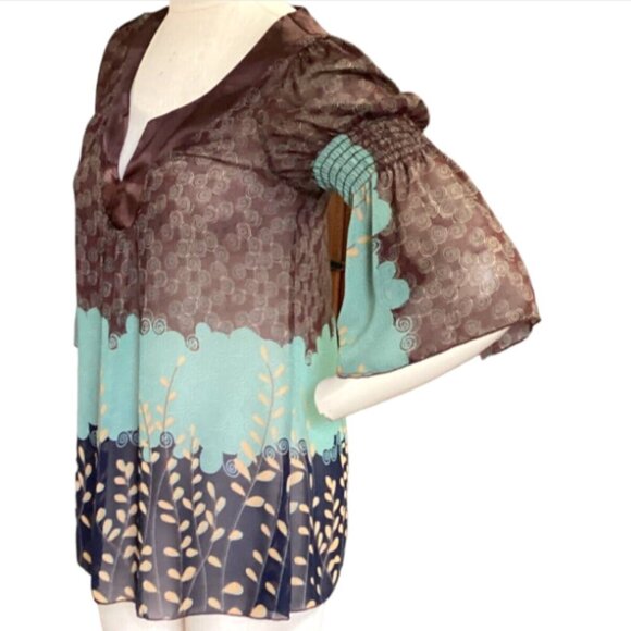 Daytrip Satin Trim & Chiffon 3/4 Smock-Bell Sleeve Top L Brown Green Black 98L - Picture 3 of 6